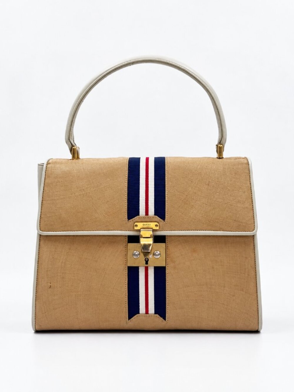 Vintage Gucci Beige Canvas Web Stripe Structured Top Handle Handbag Gold Hardwar